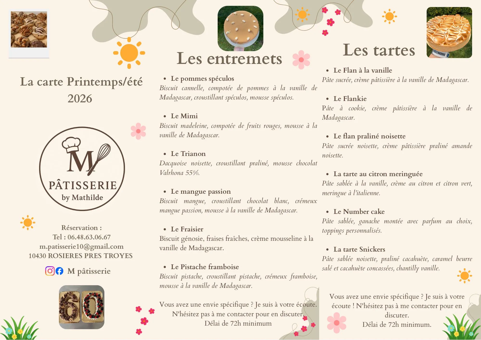 Menu des pâtisseries collection Printemps-Été M Pâtisserie Troyes