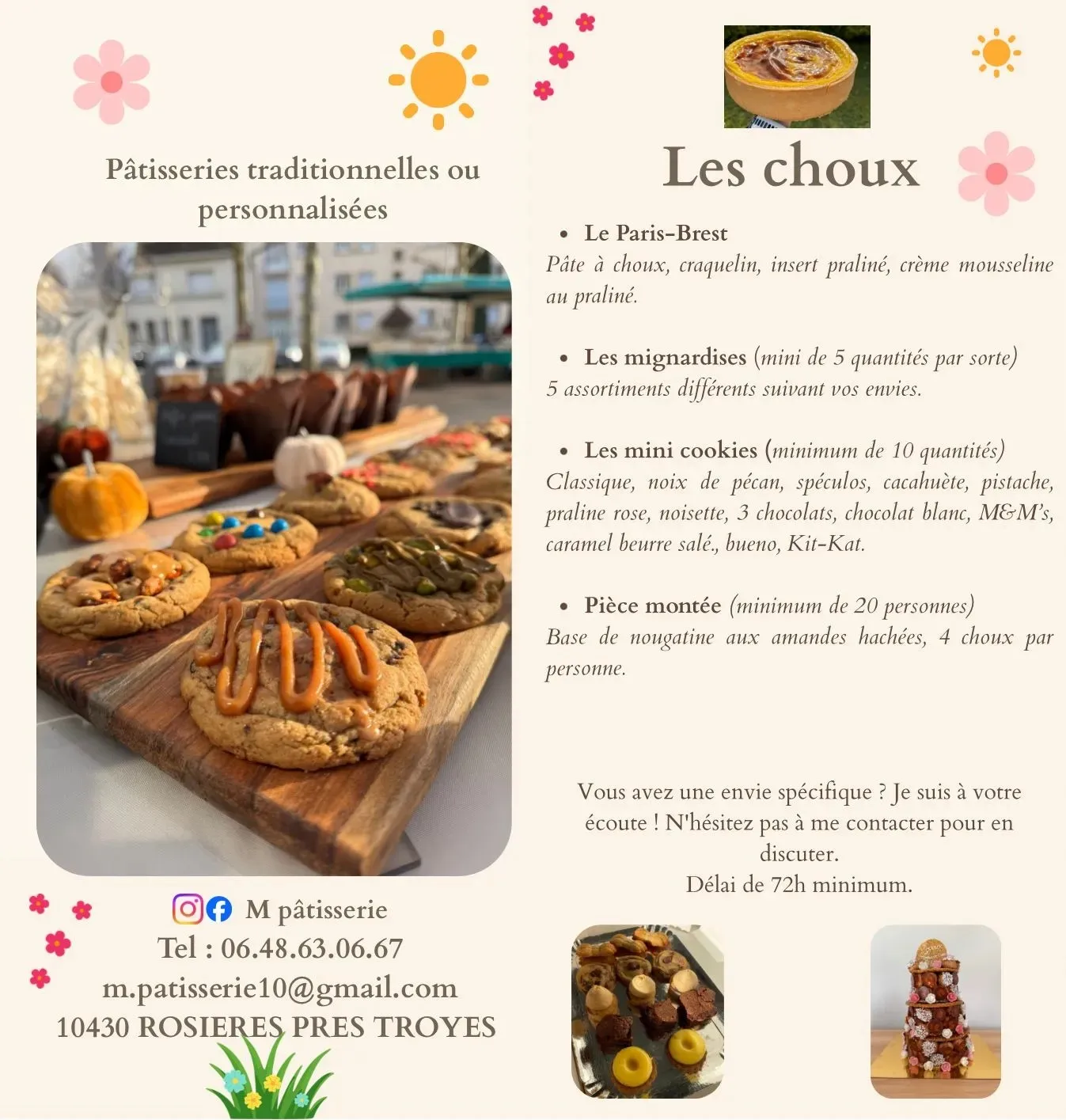 Carte des pâtisseries traditionnelles et gâteaux personnalisés sur commande